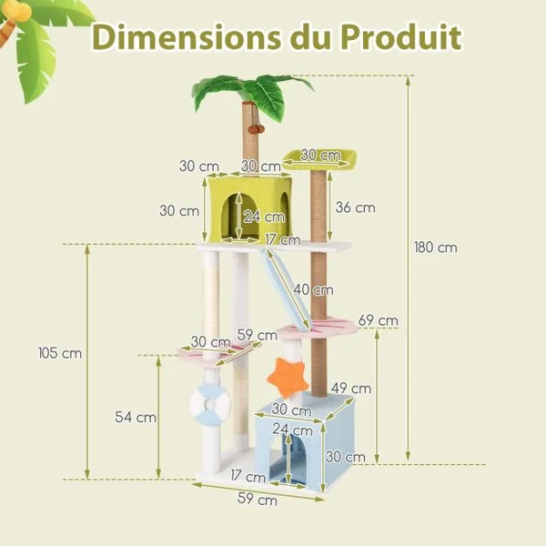 Arbre à Chat de 180 CM sur Plusieurs Niveaux avec 2 Condos Perchoir Poteaux à Gratter en Sisal et Jute Plante Artificielle Coloré
