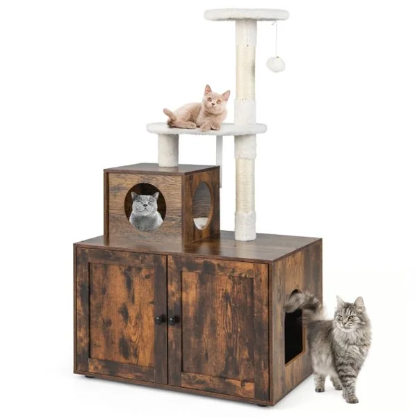 Arbre à Chat en Bois 132 CM avec Griffoir en Sisal Style Industriel Marron/Blanc/Gris