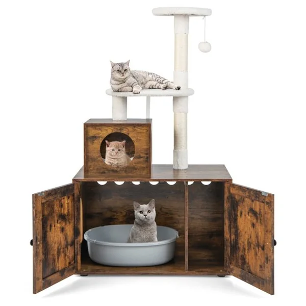 Arbre à Chat en Bois 132 CM avec Griffoir en Sisal Style Industriel Marron/Blanc/Gris