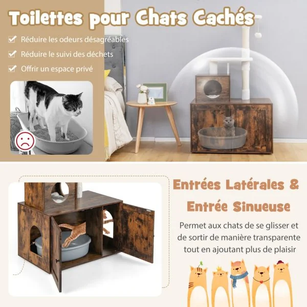 Arbre à Chat en Bois 132 CM avec Griffoir en Sisal Style Industriel Marron/Blanc/Gris