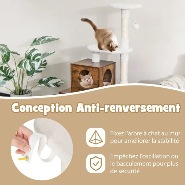 Arbre à Chat en Bois 132 CM avec Griffoir en Sisal Style Industriel Marron/Blanc/Gris