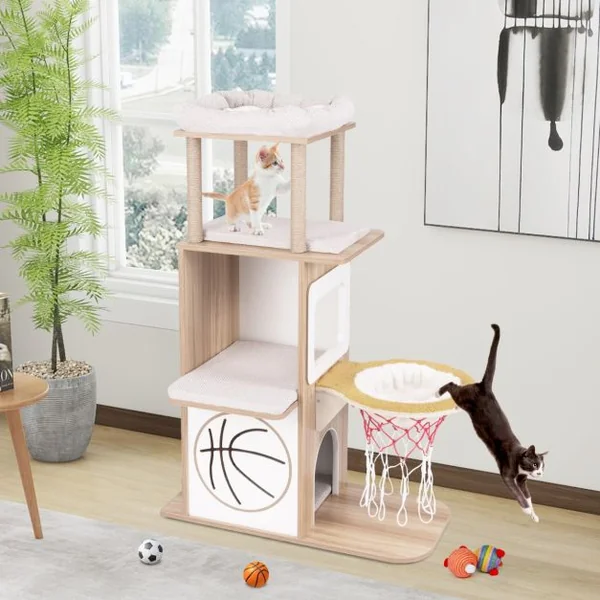 Arbre à Chat en Bois à Thème Sportif de 120 cm 2 Etages 2 Perchoirs Hamac Panier de Basket Poteaux à Gratter en Jute Naturel