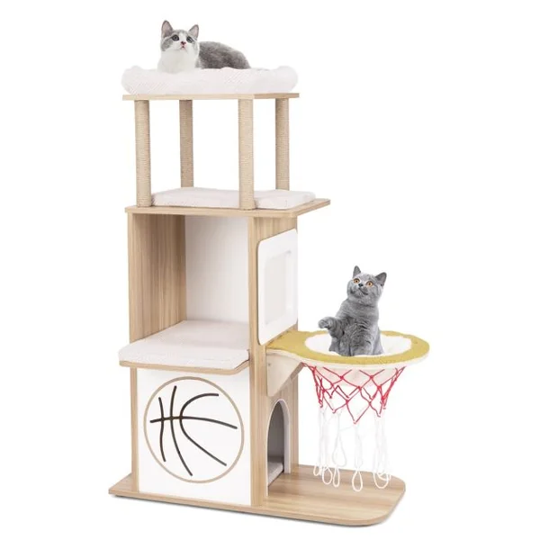 Arbre à Chat en Bois à Thème Sportif de 120 cm 2 Etages 2 Perchoirs Hamac Panier de Basket Poteaux à Gratter en Jute Naturel