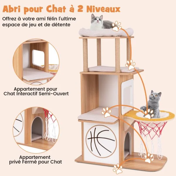 Arbre à Chat en Bois à Thème Sportif de 120 cm 2 Etages 2 Perchoirs Hamac Panier de Basket Poteaux à Gratter en Jute Naturel