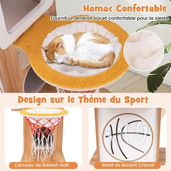 Arbre à Chat en Bois à Thème Sportif de 120 cm 2 Etages 2 Perchoirs Hamac Panier de Basket Poteaux à Gratter en Jute Naturel