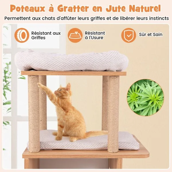 Arbre à Chat en Bois à Thème Sportif de 120 cm 2 Etages 2 Perchoirs Hamac Panier de Basket Poteaux à Gratter en Jute Naturel