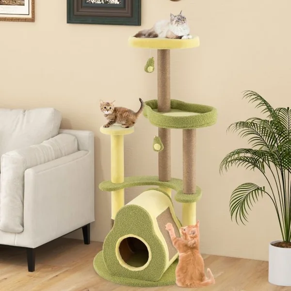 Arbre à Chat en Forme d’Avocat Tour pour Chat à Plusieurs Niveaux Condo Privé Brosse d'Auto-toilettage Pompons Amusants Vert