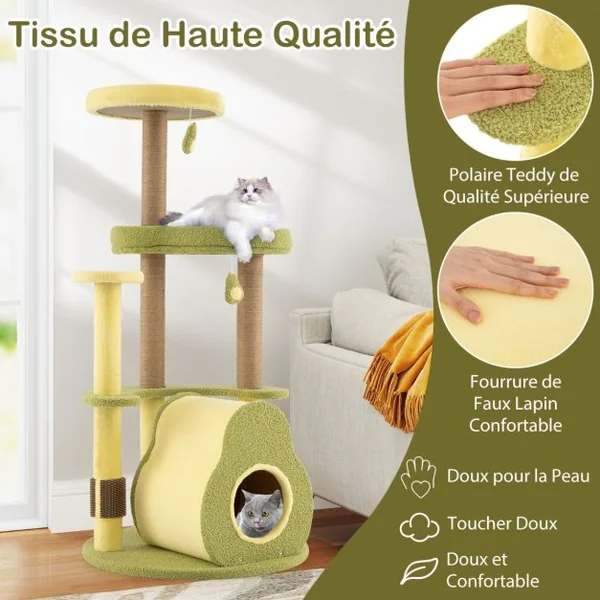 Arbre à Chat en Forme d’Avocat Tour pour Chat à Plusieurs Niveaux Condo Privé Brosse d'Auto-toilettage Pompons Amusants Vert