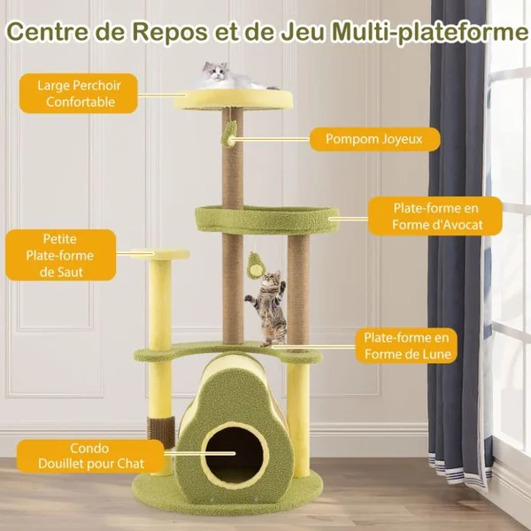 Arbre à Chat en Forme d’Avocat Tour pour Chat à Plusieurs Niveaux Condo Privé Brosse d'Auto-toilettage Pompons Amusants Vert