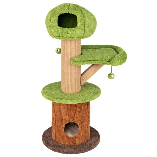 Arbre à Chat en Forme de Champignon 148cm pour Chats d’Intérieur 2 Adorables Condos Perchoir en Peluche Balles Poteaux en Sisal Vert