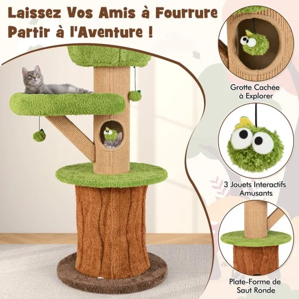 Arbre à Chat en Forme de Champignon 148cm pour Chats d’Intérieur 2 Adorables Condos Perchoir en Peluche Balles Poteaux en Sisal Vert