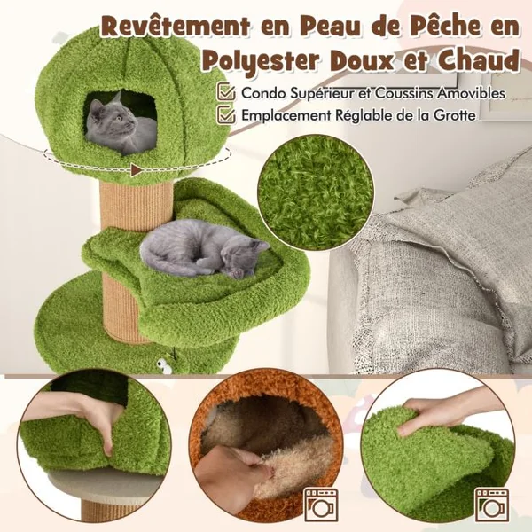 Arbre à Chat en Forme de Champignon 148cm pour Chats d’Intérieur 2 Adorables Condos Perchoir en Peluche Balles Poteaux en Sisal Vert