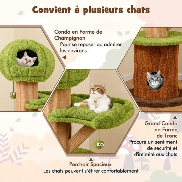 Arbre à Chat en Forme de Champignon 148cm pour Chats d’Intérieur 2 Adorables Condos Perchoir en Peluche Balles Poteaux en Sisal Vert