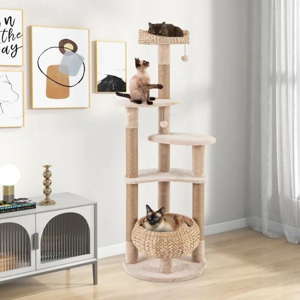 Arbre à chat en Forme de Quenouille de 164cm Poteaux à Gratter en Jute Perchoir Panier Balles Suspendues Coussins Lavables à 6 Niveaux Beige