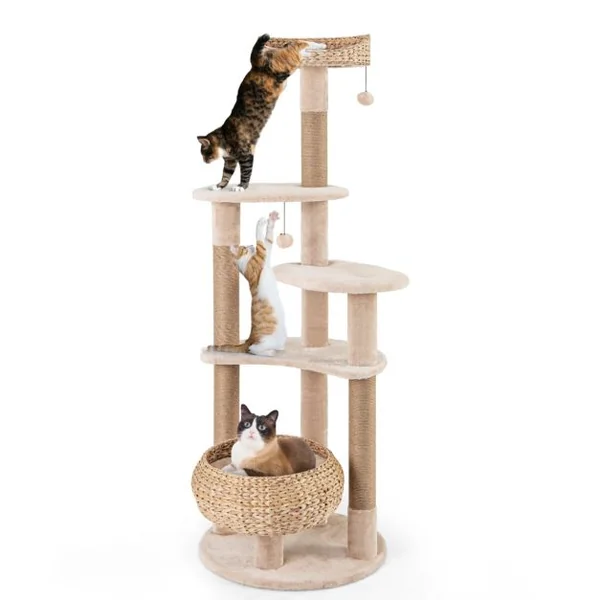 Arbre à chat en Forme de Quenouille de 164cm Poteaux à Gratter en Jute Perchoir Panier Balles Suspendues Coussins Lavables à 6 Niveaux Beige