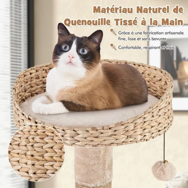Arbre à chat en Forme de Quenouille de 164cm Poteaux à Gratter en Jute Perchoir Panier Balles Suspendues Coussins Lavables à 6 Niveaux Beige