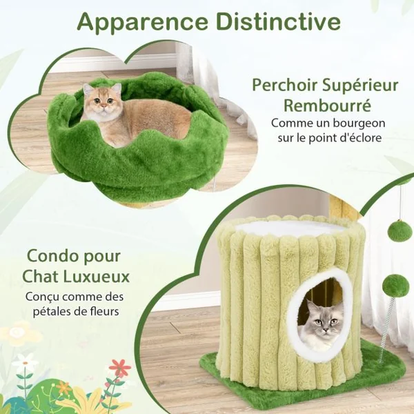 Arbre à Chat Mignon avec Poteaux à Gratter en Sisal Perchoir Rembourré en Peluche Grande Maison de Repos Balle Suspendue Pompon Suspendu