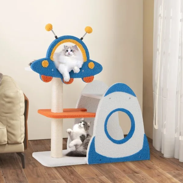 Arbre à Chat Mignon à 4 Niveaux avec Perchoir Supérieur en Forme d'OVNI Poteaux à Gratter en Sisal Condo en Forme de Fusée à 2 Niveaux