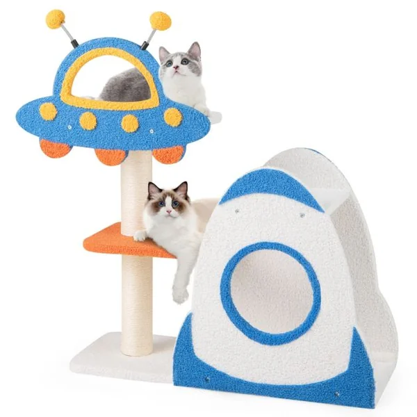 Arbre à Chat Mignon à 4 Niveaux avec Perchoir Supérieur en Forme d'OVNI Poteaux à Gratter en Sisal Condo en Forme de Fusée à 2 Niveaux