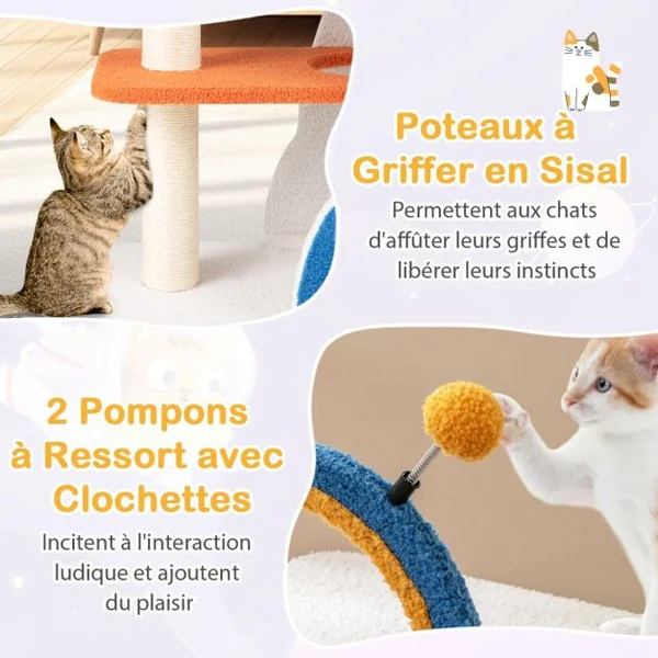 Arbre à Chat Mignon à 4 Niveaux avec Perchoir Supérieur en Forme d'OVNI Poteaux à Gratter en Sisal Condo en Forme de Fusée à 2 Niveaux