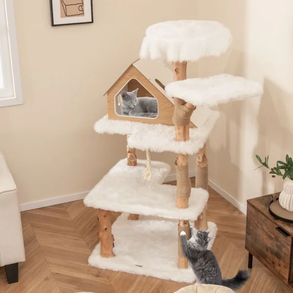 Arbre à Chat Moderne en Bois Massif 150cm 2 Perchoirs Condo Griffoirs en Jute Corde en Sisal Peluche Longue et Douce Blanc