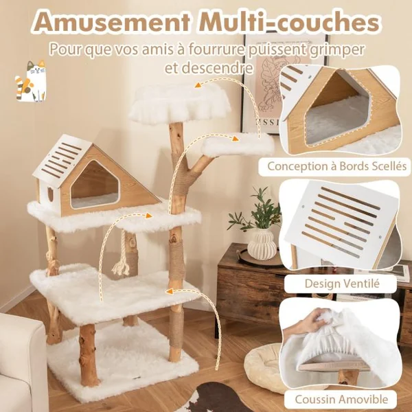 Arbre à Chat Moderne en Bois Massif 150cm 2 Perchoirs Condo Griffoirs en Jute Corde en Sisal Peluche Longue et Douce Blanc