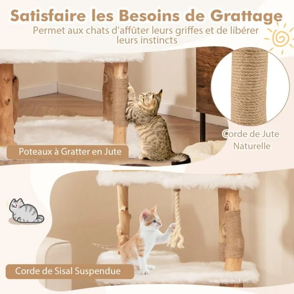 Arbre à Chat Moderne en Bois Massif 150cm 2 Perchoirs Condo Griffoirs en Jute Corde en Sisal Peluche Longue et Douce Blanc