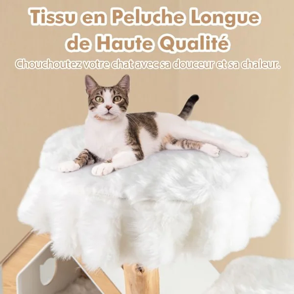 Arbre à Chat Moderne en Bois Massif 150cm 2 Perchoirs Condo Griffoirs en Jute Corde en Sisal Peluche Longue et Douce Blanc