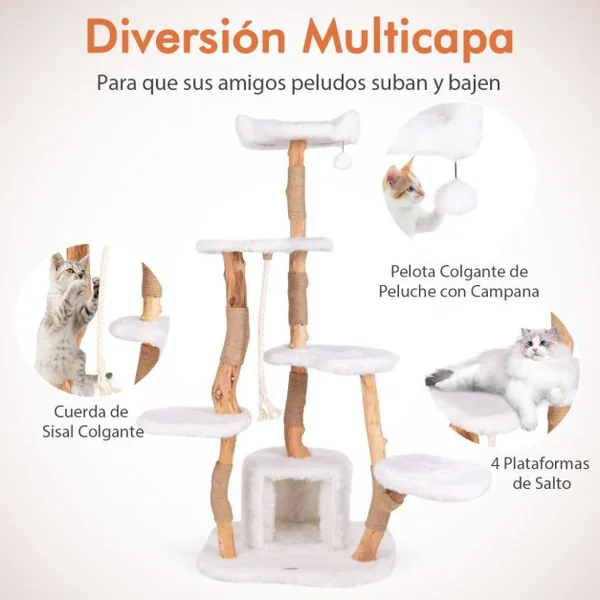 Arbre à Chat Moderne en Bois Massif 168cm Perchoirs Condo Griffoirs en Jute Corde en Sisal Peluche Longue et Douce Balle Suspendue