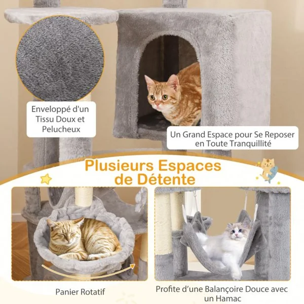 Arbre à Chat Multi-niveaux de 176 cm avec Perchoir Supérieur Condo Confortable Panier Hamac Poteaux à Gratter Plateformes de Saut