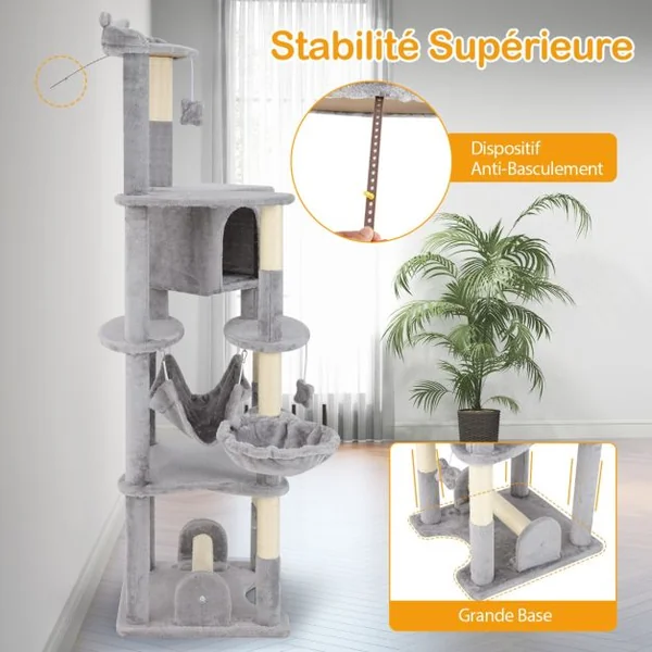 Arbre à Chat Multi-niveaux de 176 cm avec Perchoir Supérieur Condo Confortable Panier Hamac Poteaux à Gratter Plateformes de Saut