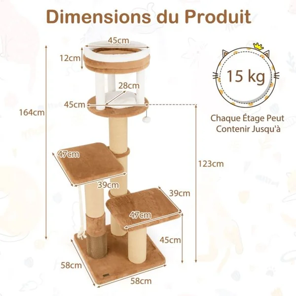Arbre à Chat pour Chats de 164 cm avec Auto-toilettage Perchoir Rembourré Lit pour Chat Amovible Plateformes de Saut Café