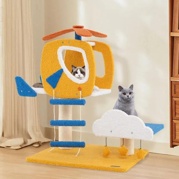 Arbre à Chat sur le Thème de l'Aviation Tour à Chat avec Perchoir en Forme d'Hélicoptère Poteau à Gratter Plateforme de Saut