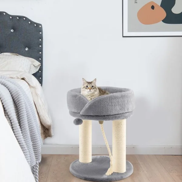 Arbre à Chat Tour d'Arbre Griffoir 2 Plateformes avec Perchoir à Dessus Souple Boule de Fourrure Corde en Sisal Beige/Gris