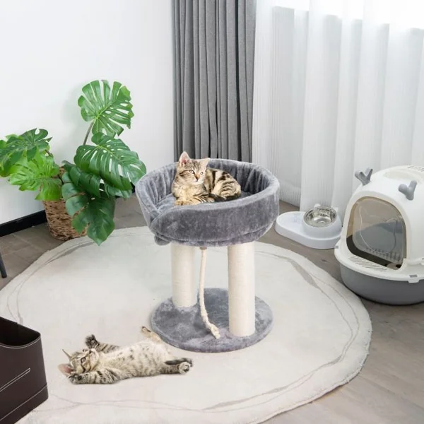 Arbre à Chat Tour d'Arbre Griffoir 2 Plateformes avec Perchoir à Dessus Souple Boule de Fourrure Corde en Sisal Beige/Gris