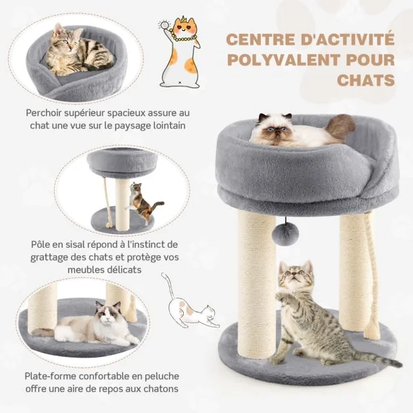 Arbre à Chat Tour d'Arbre Griffoir 2 Plateformes avec Perchoir à Dessus Souple Boule de Fourrure Corde en Sisal Beige/Gris