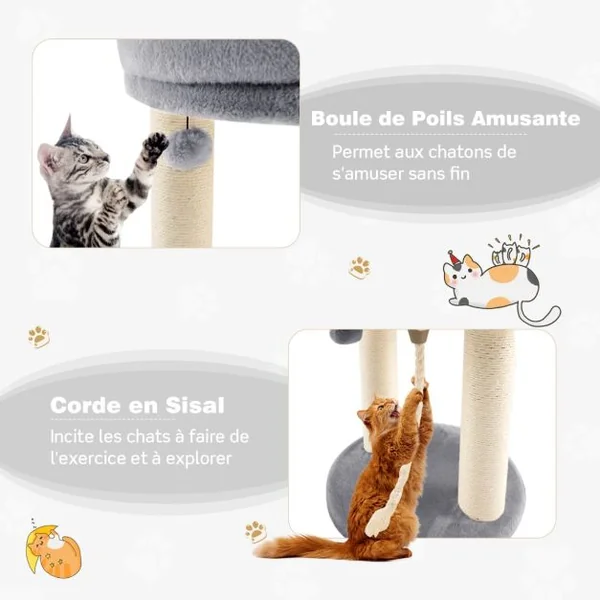 Arbre à Chat Tour d'Arbre Griffoir 2 Plateformes avec Perchoir à Dessus Souple Boule de Fourrure Corde en Sisal Beige/Gris