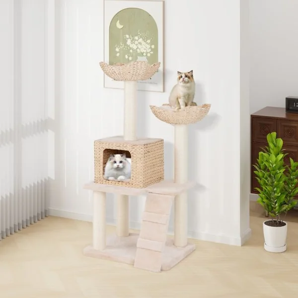 Arbre à Chat Tour en Forme de Quenouille de 122 cm Poteaux à Gratter en Sisal Perchoir Condo Panier Echelle Coussins Lavables Beige