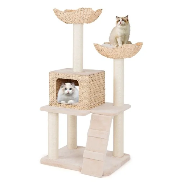 Arbre à Chat Tour en Forme de Quenouille de 122 cm Poteaux à Gratter en Sisal Perchoir Condo Panier Echelle Coussins Lavables Beige