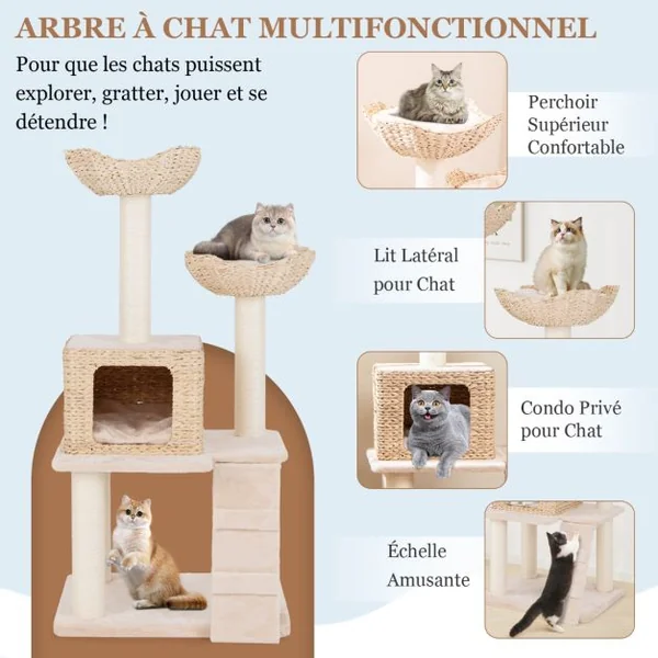 Arbre à Chat Tour en Forme de Quenouille de 122 cm Poteaux à Gratter en Sisal Perchoir Condo Panier Echelle Coussins Lavables Beige