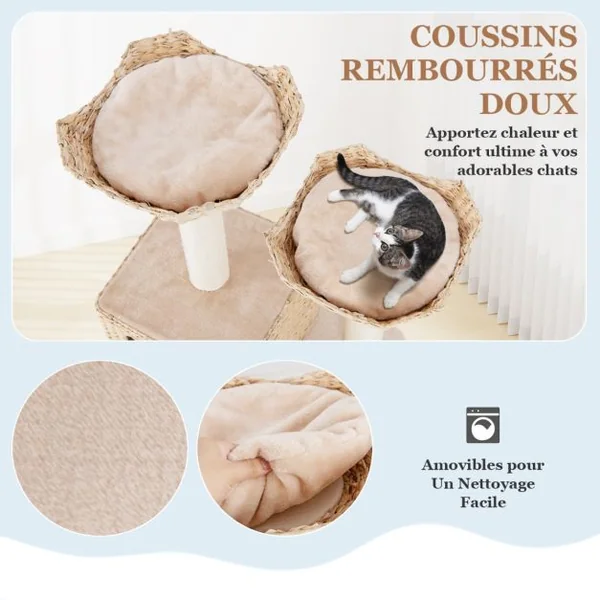 Arbre à Chat Tour en Forme de Quenouille de 122 cm Poteaux à Gratter en Sisal Perchoir Condo Panier Echelle Coussins Lavables Beige