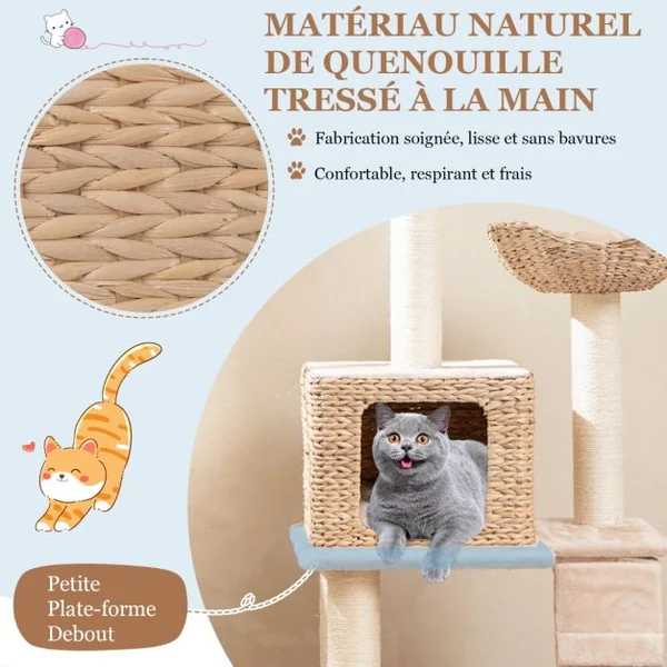 Arbre à Chat Tour en Forme de Quenouille de 122 cm Poteaux à Gratter en Sisal Perchoir Condo Panier Echelle Coussins Lavables Beige