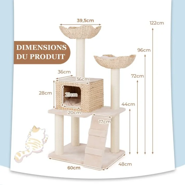 Arbre à Chat Tour en Forme de Quenouille de 122 cm Poteaux à Gratter en Sisal Perchoir Condo Panier Echelle Coussins Lavables Beige