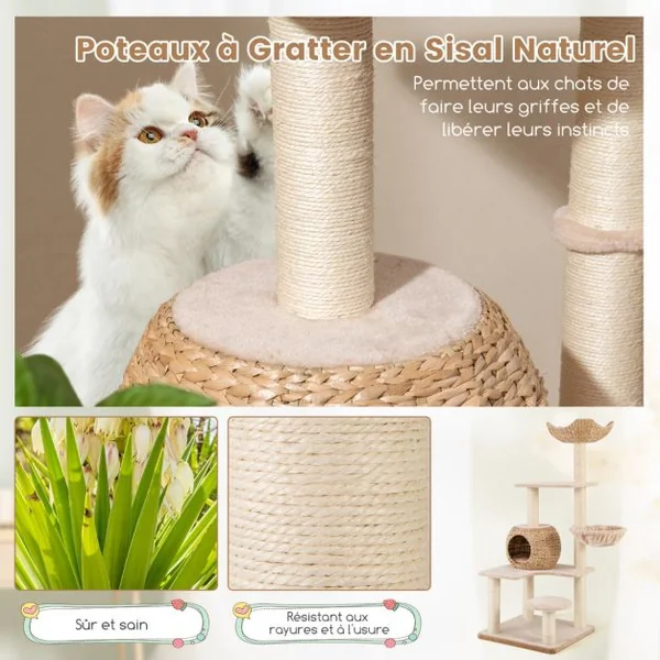 Arbre à Chat Tour pour Chat en Forme de Quenouille de 150 cm avec Griffoirs en Sisal Perchoir Cabane Hamac Doux Coussins Lavables Beige