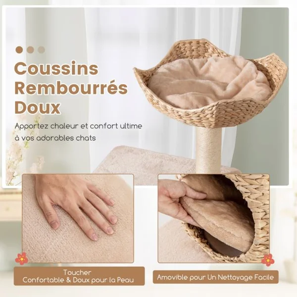 Arbre à Chat Tour pour Chat en Forme de Quenouille de 150 cm avec Griffoirs en Sisal Perchoir Cabane Hamac Doux Coussins Lavables Beige