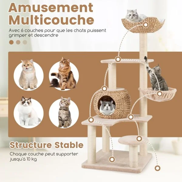 Arbre à Chat Tour pour Chat en Forme de Quenouille de 150 cm avec Griffoirs en Sisal Perchoir Cabane Hamac Doux Coussins Lavables Beige