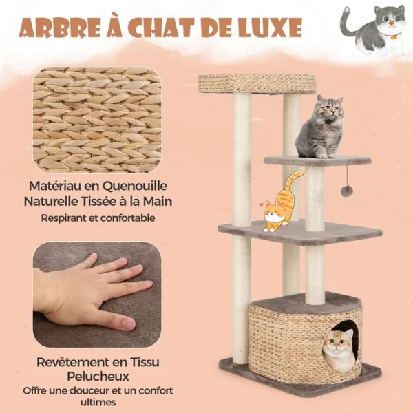 Arbre à Chat Tour pour Chat en Quenouille de 131 cm Poteaux à Gratter en Sisal Perchoir Condo Balle Suspendue Coussins Lavables Café