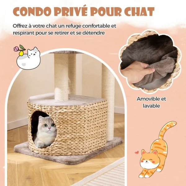 Arbre à Chat Tour pour Chat en Quenouille de 131 cm Poteaux à Gratter en Sisal Perchoir Condo Balle Suspendue Coussins Lavables Café