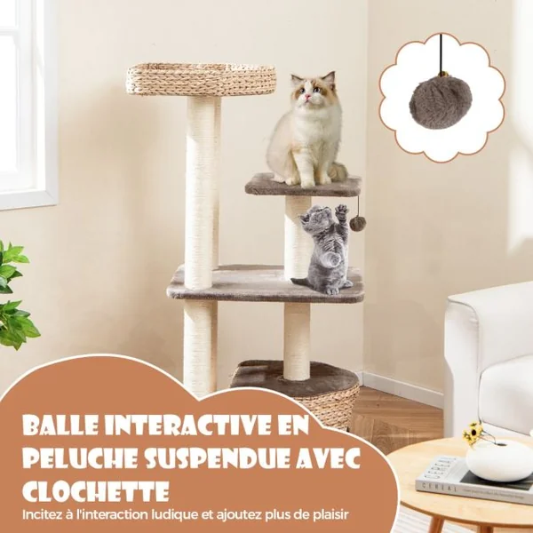 Arbre à Chat Tour pour Chat en Quenouille de 131 cm Poteaux à Gratter en Sisal Perchoir Condo Balle Suspendue Coussins Lavables Café