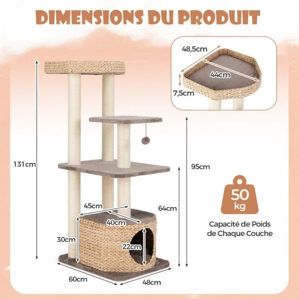 Arbre à Chat Tour pour Chat en Quenouille de 131 cm Poteaux à Gratter en Sisal Perchoir Condo Balle Suspendue Coussins Lavables Café